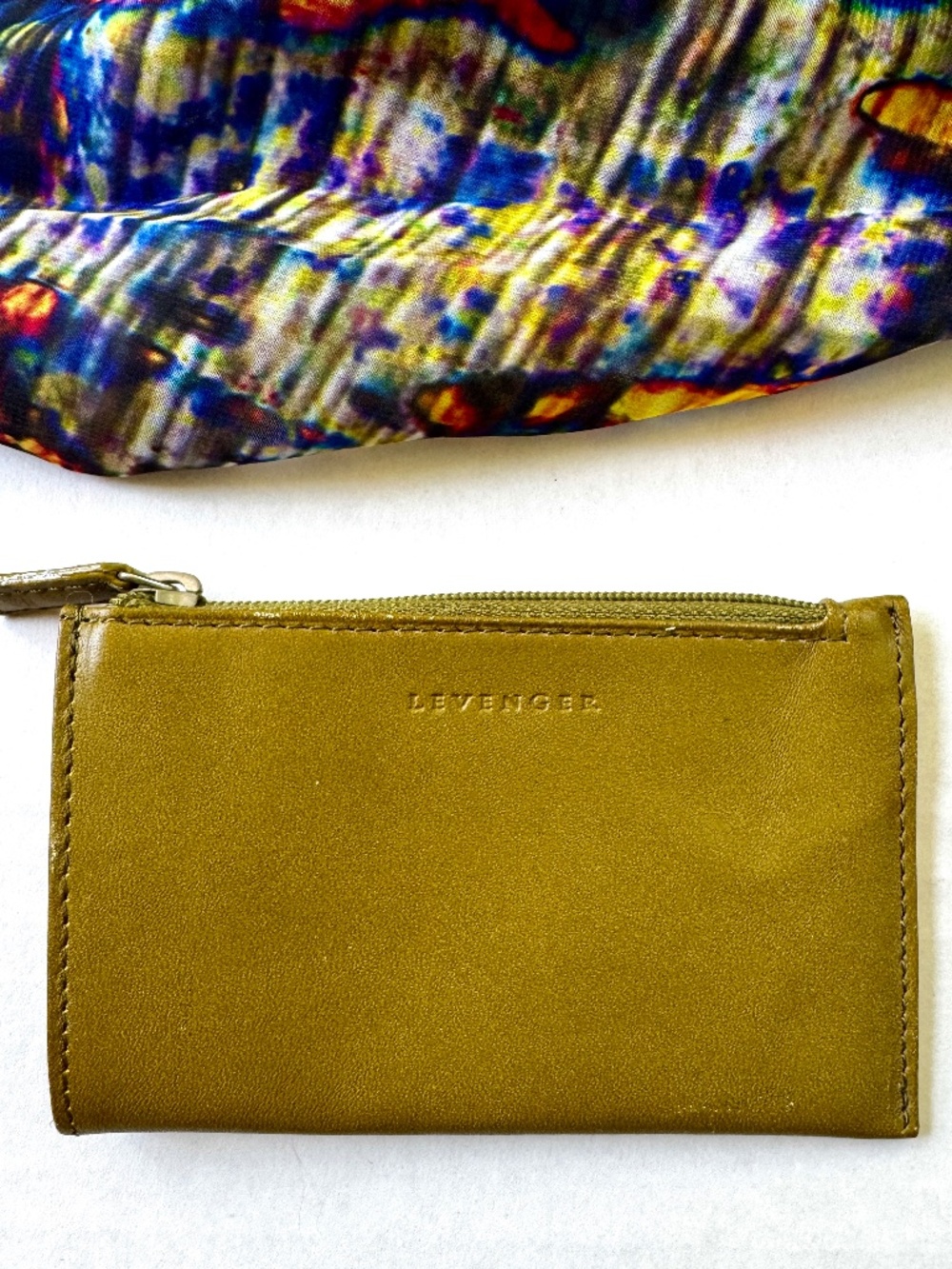 Levenger Olive Green Leather Card Holder Coin Purse with Key Chain UNISEX